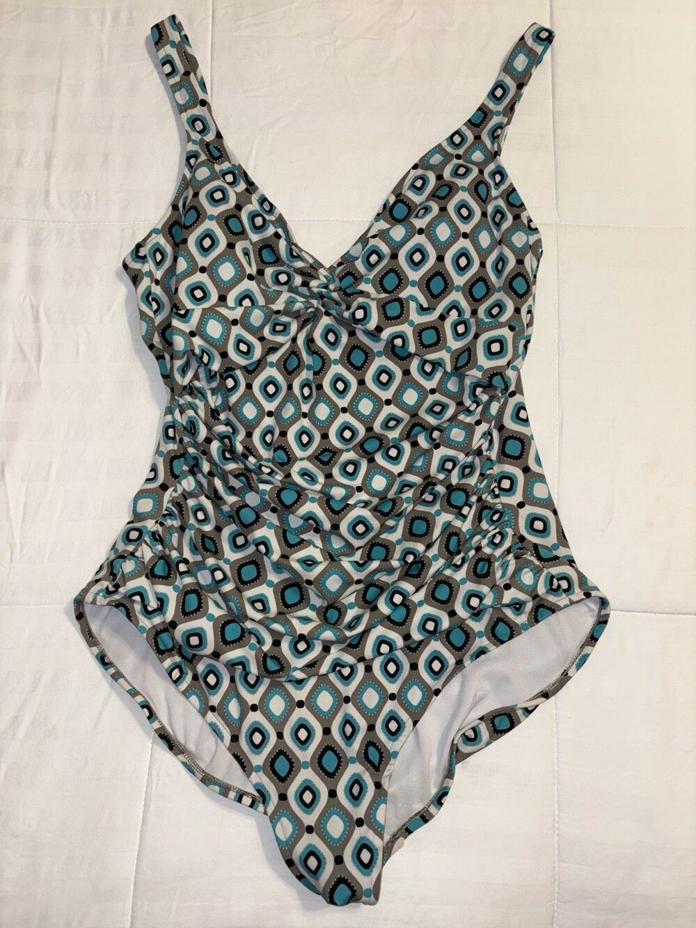 Swim Solutions 18W One Piece bathing suit Twist front & Ruched Geometric Jewel
